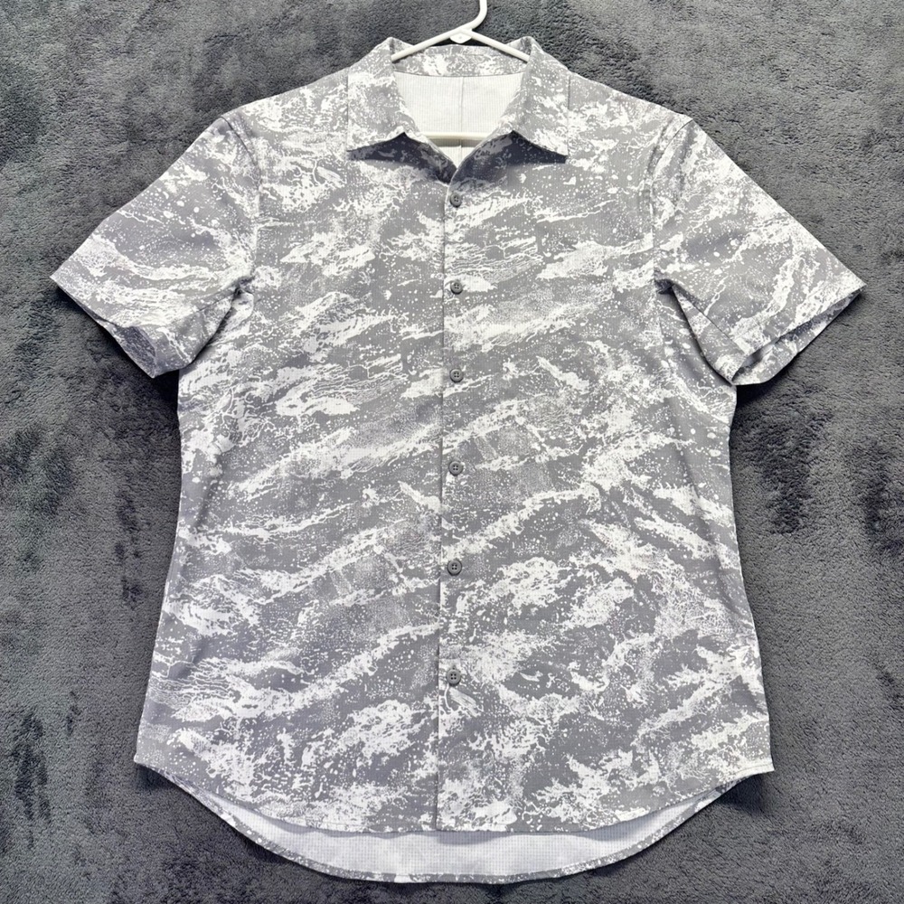 Lululemon Airing Easy Button Up Shirt Mens Large Grey White Ripstop Short Sleeve
